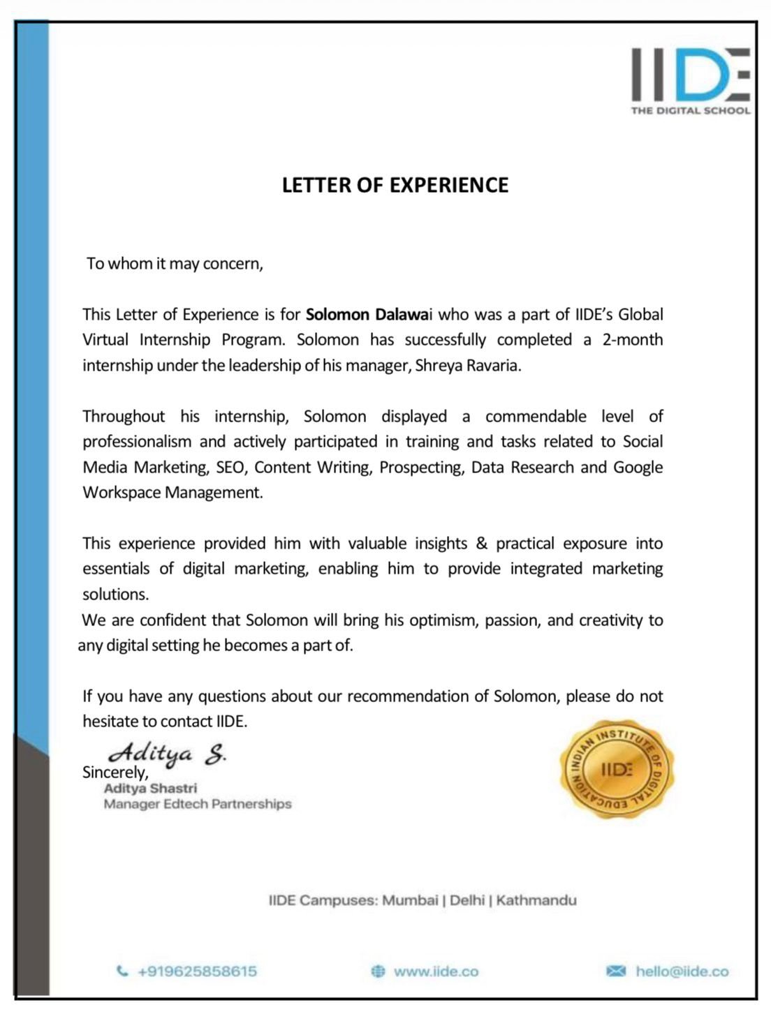 Internship Certificate